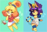  2020 alpha_channel animal_crossing ankha_(animal_crossing) anthro ashiji beverage blonde_hair blue_hair border canid canine canis clothed clothing cup dipstick_tail domestic_cat domestic_dog felid feline felis female hair isabelle_(animal_crossing) mammal multicolored_tail nintendo one_eye_closed shih_tzu striped_tail stripes tongue tongue_out toy_dog transparent_border video_games wink wraps 