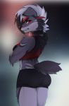  2020 anthro breasts butt_pose canid canine canis clothed clothing digital_media_(artwork) female grey_hair hair hi_res lycanroc lyra_(nayeliefox) mammal midnight_lycanroc nayel-ie nintendo pok&eacute;mon pok&eacute;mon_(species) pose solo teeth video_games wolf 