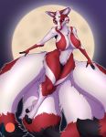  2020 anthro big_breasts black_body black_fur breasts canid canine digital_media_(artwork) female fox fur hi_res mammal multi_tail nipples nude red_body red_fur solo white_body white_fur wide_hips wolfpsalm 