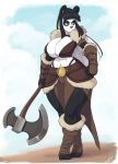  2018 4_toes 5_fingers absurd_res anthro armlet armor axe belt big_breasts black_hair blue_eyes breasts cleavage clothed clothing digital_media_(artwork) female fingers fist giant_panda hair hi_res holding_object holding_weapon huge_breasts lei_(skecchiart) loincloth long_hair looking_aside mammal melee_weapon midriff navel signature simple_background skecchiart sky solo standing sword thick_thighs toeless_footwear toeless_legwear toes ursid vambraces weapon white_hair wide_hips 