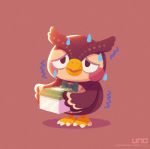  2020 animal_crossing anthro avian bird blathers_(animal_crossing) blush bodily_fluids bow_tie box brown_background brown_body brown_feathers feathers half-closed_eyes holding_object male narrowed_eyes nervous nintendo owl simple_background solo standing sweat sweatdrop text uno_yuuji url video_games 