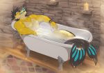  2020 5_fingers anthro bathing bathtub digital_media_(artwork) fingers fur kero_tzuki male marine merfolk partially_submerged smile solo yellow_body yellow_fur 
