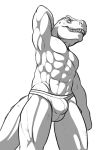  2020 absurd_res anthro bulge clothing dinosaur front_view greyscale hand_behind_head hi_res lizardlars male monochrome muscular muscular_male navel reptile scalie sharp_teeth simple_background solo standing teeth theropod tyrannosaurid tyrannosaurus tyrannosaurus_rex underwear white_background 