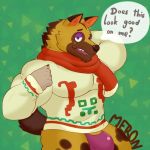  1:1 5_fingers animal_crossing anthro blush brown_body brown_fur bulge canid canine canis claws clothed clothing english_text fingers fur genitals half-closed_eyes hand_behind_head kyle_(animal_crossing) looking_back male mammal merong narrowed_eyes nintendo open_mouth pattern_background penis penis_base purple_clothing purple_underwear scarf simple_background solo speech_bubble sweater teeth text topwear underwear video_games wolf 