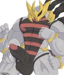  4_arms abs anthro balls black_balls black_penis bodily_fluids castrodour cum cum_drip dripping genital_fluids genitals giratina grey_body hi_res humanoid_genitalia humanoid_penis legendary_pok&eacute;mon male multi_arm multi_limb muscular muscular_male nintendo nude origin_forme_giratina pecs penis pok&eacute;mon pok&eacute;mon_(species) red_eyes simple_background solo vein video_games white_background 