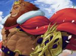  abs absurd_res alternate_version_at_source anthro armor blue_eyes blue_sky brown_body brown_fur brown_mane clothed clothing cloud crown felid fur fur_tuft gaoemon3 grass hi_res king lion male mammal mane pantherine petals robe royalty sky solo straps tuft 