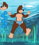  2020 3_toes 5_fingers absurd_res air_bubble anthro banjo-kazooie banjo_(banjo-kazooie) blue_bottomwear blue_clothing blue_eyes bottomwear brown_body brown_fur bulge byondrage claws clothed clothing cutoffs denim denim_clothing erection erection_under_clothing finger_claws fingers fur genital_outline hi_res looking_at_viewer male mammal moobs nipples open_mouth penis_outline rareware shorts toe_claws toes tongue underwater ursid video_games water 