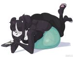  2019 4_toes 5_fingers anthro arm_support ass_up ball barefoot black_body black_fur black_hair breasts butt cleavage clothed clothing controller exercise_ball female fingers fur giant_panda hair hi_res inner_ear_fluff leggings legs_up legwear lying mammal midriff on_front pawpads ponytail purple_eyes remote_control shirt signature simple_background skecchiart smile smirk soles solo tank_top toes topwear tuft ursid vivian_vivi white_background white_body white_fur white_hair yoga_ball yoga_pants 
