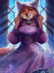  5_fingers anthro breasts brown_eyes canid canine clothed clothing detailed_background disney eyebrows eyelashes female fingers fox fur hi_res juliathedragoncat maid_marian mammal open_mouth orange_body orange_fur red_fox robin_hood_(disney) smile solo teeth tongue 