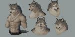  2019 2:1 abs anthro biceps black_nose canid canine canis chest_tuft clothed clothing fangs grey_background hi_res kazashino male mammal muscular muscular_male pecs simple_background solo topless triceps tuft were werecanid werecanine werewolf wolf yellow_eyes 