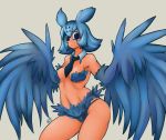  animal_humanoid avian avian_humanoid bird_humanoid blue_body blue_feathers breasts camel_toe clothing feather_tuft feathers female freckles hi_res humanoid ishuzoku_reviewers looking_at_viewer mimilo_(ishuzoku_reviewers) necktie owl_humanoid ricocake simple_background solo tuft winged_arms wings 