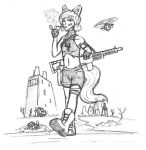  aircraft animal_humanoid boots bottomwear canid canine clothing female flat_chested footwear fox gun helicopter hi_res human humanoid hybrid looking_at_viewer mammal ranged_weapon serth shorts smoking weapon young 