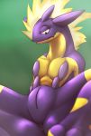  2020 absurd_res amped_toxtricity animal_genitalia anthro anus black_eyes front_view genital_slit genitals green_background hi_res lizardlars looking_at_self looking_down male nintendo nude open_mouth pok&eacute;mon pok&eacute;mon_(species) purple_body simple_background sitting slit solo spread_legs spreading toxtricity video_games 