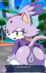  anthro anus blaze_the_cat butt clothed clothing dialogue domestic_cat english_text felid feline felis female fur genitals gloves handwear hi_res looking_at_viewer looking_back mammal open_mouth outside purple_body purple_clothing purple_fur purple_topwear pussy rear_view seductive sega solo sonic_the_hedgehog_(series) speech_bubble team_sonic_racing text the_knight topwear tree undressing video_games yellow_eyes 