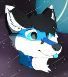  2020 absurd_res anthro big_ears blue_body blue_fur canid canine cel_shading digital_media_(artwork) female fox fur galaxy hair headshot_portrait hi_res inner_ear_fluff kujo mammal portrait reflection shaded shooting_star sky smile star starry_sky tongue tongue_out tuft uranus_(planet) 