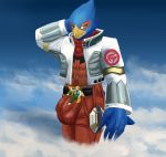  2020 anthro avian bird blue_body blue_fur bottomwear brown_body brown_fur bulge canid canine clothing cloud duo falco_lombardi fox fox_mccloud fur hand_behind_head hi_res jacket macro male male/male mammal micro muscular nintendo pants sky solutionwcs star_fox topwear video_games 