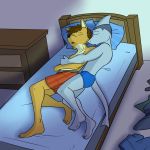  1:1 anthro bed boxers_(clothing) briefs canid canine canis clothed clothing coyote duo fish furniture fuze hi_res ian_(fuze) lying male male/male mammal marine mond_reyes on_bed on_side romantic_ambiance shark spooning texnatsu topless underwear underwear_only 