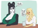  2019 anthro bar beer_mug black_body black_fur black_hair blonde_hair blue_eyes blush breast_rest breasts canid canine canis cleavage clothed clothing dialogue domestic_dog drinking duo eldora_(skecchiart) english_text eyebrows female fluffy_ears fur giant_panda glass green_eyes hair inner_ear_fluff lei_(skecchiart) long_hair mammal mature_female mother open_mouth orange_eyes parent raised_eyebrow skecchiart speech_bubble tan_body tan_skin text tuft ursid white_body white_fur white_hair 