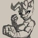  2019 anthro bandage bandeau biceps big_breasts breasts bust_portrait cleavage clothed clothing dragon eyebrows eyelashes female fighting_pose fist greyscale horn looking_at_viewer monochrome muscular muscular_female non-mammal_breasts ponpuramu portrait pose reptile scalie sharp_teeth sketch smile solo teeth thick_eyebrows topwear 