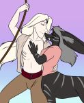  black_body black_fur blonde_hair breasts canid canid_taur canine canine_taur clothed clothing darnathi_human duo eye_contact female foxenawolf fur gills gradient_background hair humanoid looking_at_another male male/female mammal mammal_taur open_shirt shirt simple_background taur topless topwear 