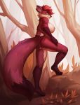  2020 andyd anthro areola big_breasts breasts butt canid canine day detailed_background digital_media_(artwork) digitigrade eyebrows eyelashes female forest fox fur genitals grass hair hi_res mammal nipples outside purple_body purple_fur pussy red_hair rock solo tree white_body white_fur 