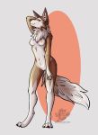  anthro black_nose blue_eyes blush breasts canid canine claws digitigrade ear_tuft facial_tuft female fluffy fluffy_tail genitals hands_behind_head hybrid inner_ear_fluff looking_at_viewer lovernios lycanroc mammal markings medium_breasts midday_lycanroc mira_kingsley multicolored_body neck_tuft nintendo nipples pawpads pok&eacute;mon pok&eacute;mon_(species) pussy solo source_request standing tendo tuft video_games 