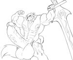  anthro balls big_balls big_penis big_sword bottomwear canid canine canis clothing erection flexing genitals grin hair handkerchief huge_balls huge_penis hyper hyper_balls hyper_genitalia hyper_penis kiba_ookami looking_at_viewer male mammal melee_weapon monochrome muscular navel nipples pants penis sachiel_666 sketch smile solo sword unzipped_pants vein veiny_penis weapon wolf 