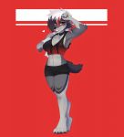  4_toes 5_fingers abs anthro barefoot black_nose breasts canid canine canis female fingers hair hi_res lycanroc lyra_(nayeliefox) mammal midnight_lycanroc midriff navel nayel-ie nintendo pok&eacute;mon pok&eacute;mon_(species) red_eyes smile solo teeth toes video_games white_hair wolf 