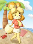  accessory animal_crossing anthro arthropod barefoot beach bell big_breasts blush breasts brown_eyes canid canine canis clothed clothing crab crustacean dazzlekong decapoda domestic_dog duo exposed_breasts female flashing fur hair hair_accessory hi_res isabelle_(animal_crossing) looking_at_viewer malacostracan mammal marine nintendo nipple_outline nipples one_breast_out one_eye_closed outside palm_tree seashell seaside shell shih_tzu signature smile standing teasing toy_dog tree undressing video_games wide_hips wink yellow_body yellow_fur 