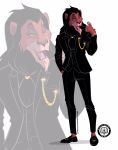 black_hair blowup_background bracelet brown_body brown_fur clock clothed clothing disney felid fur green_eyes hair hi_res jewelry lion male mammal mane mastermindsconnect pantherine scar scar_(the_lion_king) simple_background solo suit the_lion_king watch whiskers wristwatch 