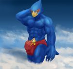  2020 anthro avian bird blue_body blue_fur brown_body brown_fur bulge canid canine clothing cloud duo falco_lombardi fox fox_mccloud fur hand_behind_head hi_res macro male male/male mammal micro muscular nintendo sky solutionwcs star_fox underwear video_games 