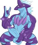  2019 anthro balls blue_balls blue_body blue_penis bodily_fluids castrodour dripping genital_fluids genitals gesture glans hi_res holding_penis humanoid_genitalia humanoid_penis low_key_toxtricity male muscular muscular_male nintendo open_mouth pecs penis pok&eacute;mon pok&eacute;mon_(species) precum precum_drip purple_body purple_glans simple_background solo spikes toxtricity vein video_games white_background 