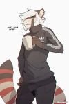  adidas ailurid anthro beverage big_tail blue_eyes bottomwear clothed clothing coffee cup ear_piercing fur hair hi_res looking_at_viewer male mammal multicolored_body multicolored_fur notglacier pants piercing red_panda simple_background sinclair_(notglacier) solo tracksuit turtleneck white_background white_hair 