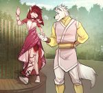  5_fingers anthro black_nose brown_hair canid canine canis clothed clothing day detailed_background domestic_dog duo eyebrows eyelashes female fingers footwear hair hi_res lotusgarden male mammal outside shoes sky smile 