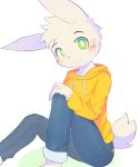  bottomwear clothed clothing fully_clothed fur fur_tuft green_eyes hand_on_knee hi_res hoodie lagomorph leporid looking_at_viewer mammal monotone_body monotone_ears monotone_fur pants rabbit sihan solo topwear tuft white_pupils yellow_clothing yellow_hoodie yellow_topwear 