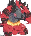  5_fingers anthro arm_support arm_tuft balls big_nipples black_body black_fur bodily_fluids castrodour dripping elbow_tufts fingers fire fur fur_tuft genital_fluids genitals glans green_eyes hi_res humanoid_genitalia humanoid_hands humanoid_penis incineroar leaning_on_elbow male muscular muscular_male nintendo nipples one_eye_closed pecs penis pink_glans pink_nipples pok&eacute;mon pok&eacute;mon_(species) precum precum_drip red_balls red_body red_fur red_penis sharp_teeth simple_background solo teeth tuft uncut vein video_games white_background wink 