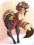  2019 3:4 anthro big_breasts breasts brown_hair chest_tuft cleavage clothed clothing dipstick_tail domestic_cat eyelashes fangs felid feline felis female footwear fur gem green_eyes hair hi_res inner_ear_fluff jasmine_(arizel) jewelry leaning leaning_forward leggings legwear mammal multicolored_tail narrowed_eyes necklace open_mouth seductive shoes short_hair signature skecchiart solo spots spotted_body spotted_fur spotted_tail standing striped_body striped_fur stripes sweater topwear tuft 