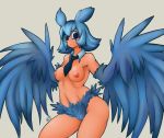  2020 animal_humanoid areola avian avian_humanoid bird_humanoid blue_body blue_eyes blue_feathers breasts feathers female freckles hi_res humanoid ishuzoku_reviewers looking_at_viewer mimilo_(ishuzoku_reviewers) monotone_body monotone_feathers nipples owl_humanoid ricocake solo winged_arms wings 