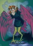  2019 age_regression avian blush bottomwear brown_hair clothing european_mythology feathered_wings feathers female greek_mythology hair halcy0n harpy hi_res humanoid_pointy_ears looking_up magic mythological_avian mythology pants shirt solo standing talons topwear transformation wings young 