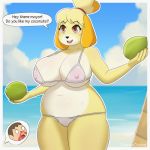  1:1 2020 animal_crossing anthro big_breasts blonde_hair blood bodily_fluids breasts camel_toe canid canine canis chubby_female clothed clothing cloud coconut digital_media_(artwork) domestic_dog drupe_(fruit) female food fruit hair holding_food holding_object isabelle_(animal_crossing) mammal nintendo nipple_outline nosebleed omegaozone open_mouth outside plant shih_tzu sky slightly_chubby speech_bubble toy_dog translucent translucent_clothing video_games villager_(animal_crossing) 