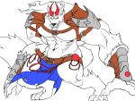  4:3 4_toes 5_fingers anthro armor belt canid canine canis clothed clothing fangs fingers fur grin horn loincloth male mammal muscular navel nipples sachiel_666 simple_background smile solo toes topless white_background white_body white_fur wolf yellow_eyes 