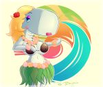  anthro big_breasts bite biting_lip blonde_hair blush breasts cetacean coconut_bra female flower hair hi_res hula_dancer leaf_skirt lipstick makeup mammal marine nickelodeon pearl_krabs plant sirredbenjamin solo spongebob_squarepants wave 