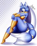  5_fingers anthro aozora_(tasogare_aozora) blue_body blue_ears blue_hair blue_tail breasts canid canine clothed clothing dated female fingers footwear fox full-length_portrait glistening glistening_hair hair humanoid_hands krystal mammal nintendo open_mouth portrait pose sitting star_fox video_games 