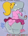 anthro bent_over big_breasts big_butt blonde_hair blumoontoons bottomwear breasts butt cetacean clothing english_text female hair hi_res mammal marine nickelodeon pearl_krabs phone ponytail rodent sandy_cheeks sciurid shocked_expression skirt solo spongebob_squarepants text thick_thighs underwear wind wind_lift 