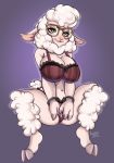  anthro big_breasts big_butt bound bovid bra breasts butt caprine cleavage clothed clothing dawn_bellwether disney domestic_sheep eyewear female fur glasses green_eyes half-closed_eyes handcuffs hi_res mammal narrowed_eyes panties purple_background rogbiejoke shackles sheep simple_background sitting smile solo thick_thighs underwear wide_hips zootopia 