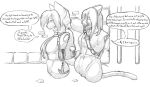  amputee anthro armless big_breasts breasts clothed clothing dialogue disability duo ebonyrubberwolf english_text felid feline female genitals humor legless mammal monochrome pussy quadruple_amputee scar sketch text 