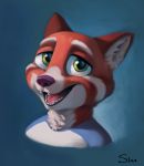  2020 ailurid anthro blue_background bust_portrait fur green_eyes hi_res inner_ear_fluff light lighting mammal mike_(mickelpickelvoiceacts) open_mouth open_smile portrait red_panda s1m simple_background smile solo teeth tongue tuft white_body white_fur 
