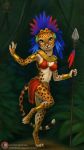  anthro aztec bra bracelet clothing feathers felid female fur hi_res jaguar jewelry loincloth looking_at_viewer mammal melee_weapon pantherine plume polearm solo spear spots spotted_body spotted_fur text underwear url vestina weapon 
