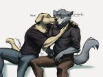  2020 5_fingers anthro beastars biped bird_dog canid canine canis cheek_tuft claws clothed clothing domestic_dog duo eggubboyo english_text eyes_closed facial_tuft fingers fur grey_body grey_fur head_tuft hi_res holding_partner hunting_dog jack_(beastars) kissing labrador legoshi_(beastars) male male/male mammal multicolored_body multicolored_fur neck_tuft retriever romantic_ambiance romantic_couple shadow simple_background smile tailwag text tuft two_tone_body two_tone_fur wolf yellow_body yellow_fur 