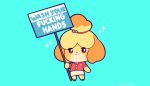  2020 accessory animal_crossing anthro black_nose canid canine canis chibi clothing domestic_dog english_text female floppy_ears hair_accessory isabelle_(animal_crossing) mammal nintendo peachdalooza sign smile solo text video_games 
